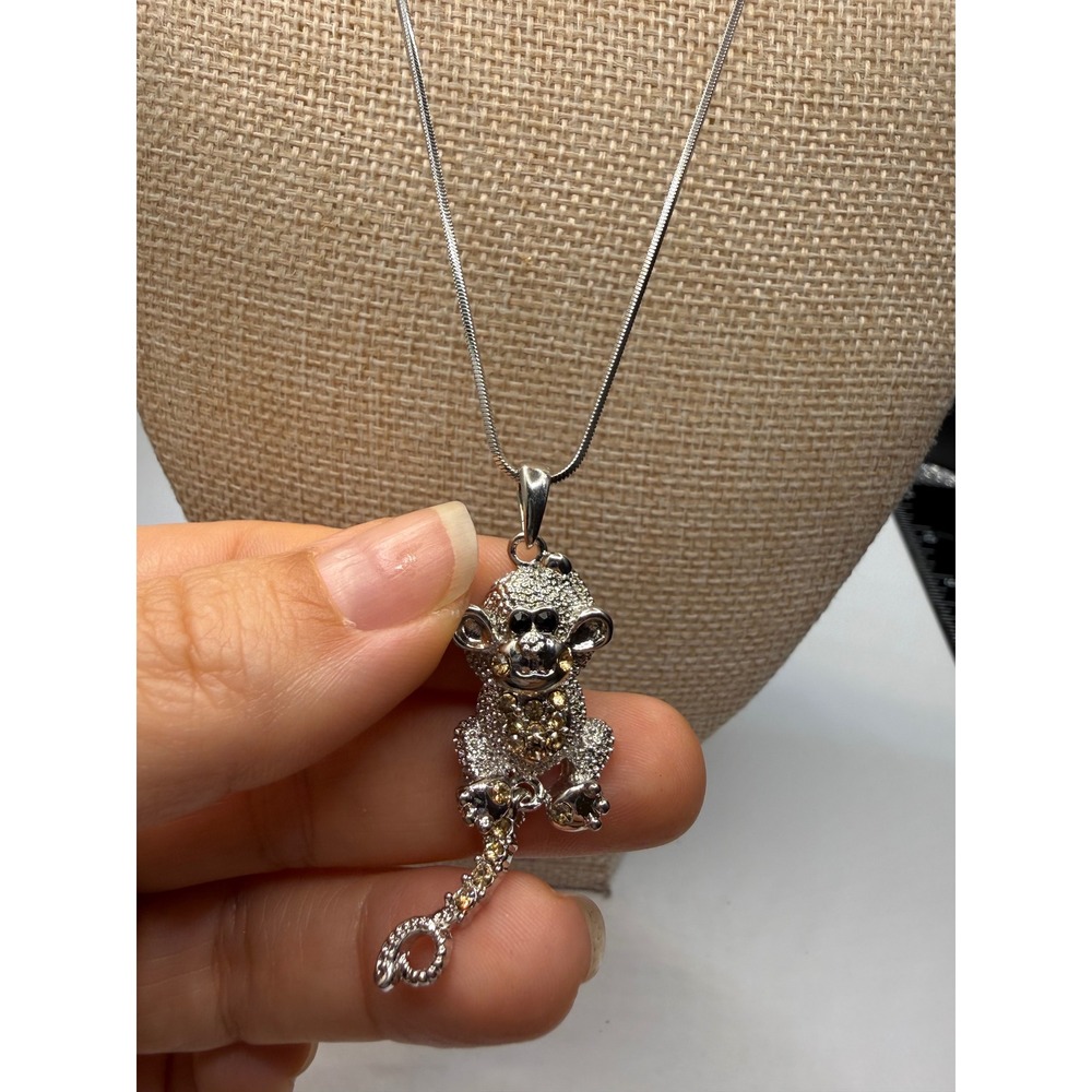 Silver Tone Rhinestone‎ Monkey Pendant Necklace Whimsical Animal Moving Tail